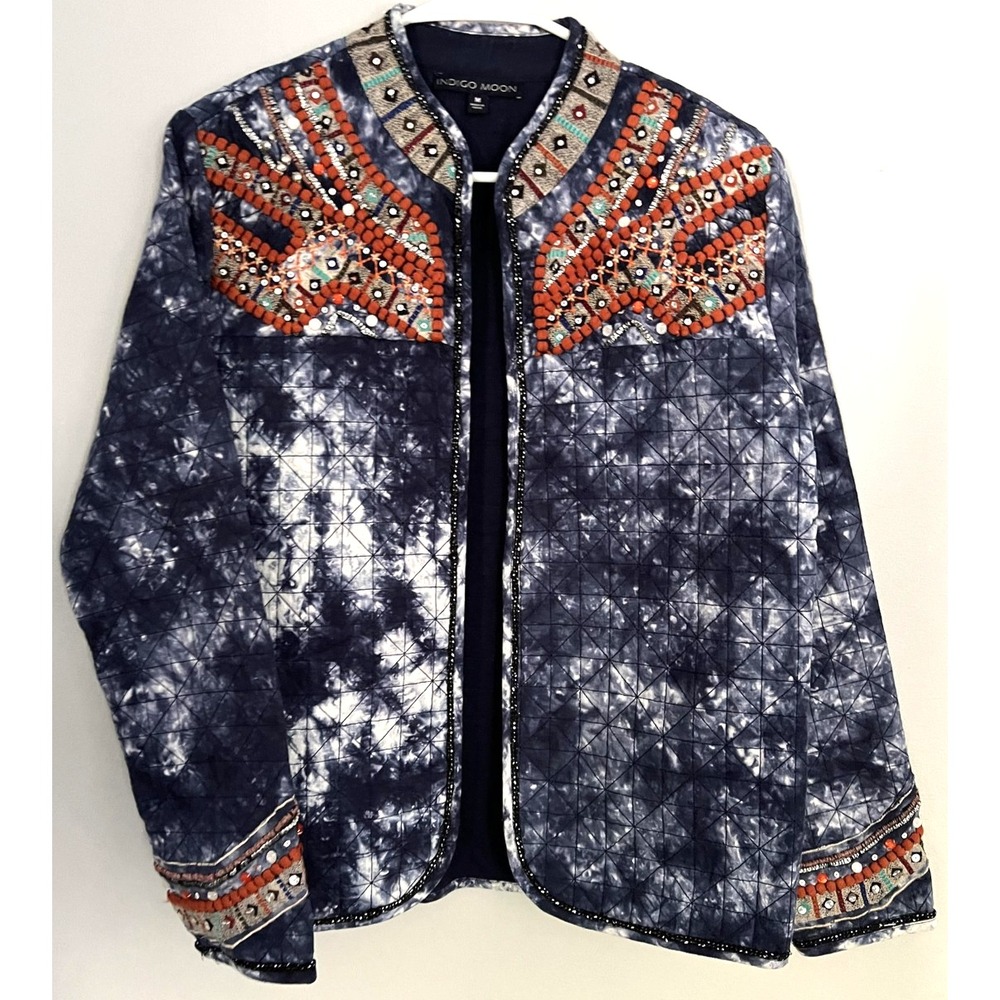 Indigo Moon Jacket Women M Blue Tie Dye Embroidered Beaded Boho Cotton Quilted